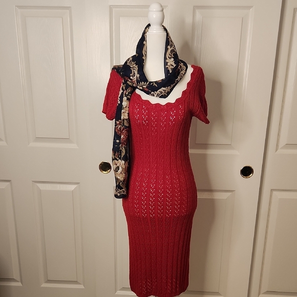 VTG MODA INT'L Red Knit Short Sleeve Scalloped Neckline Midi Dress Size S - Picture 15 of 15